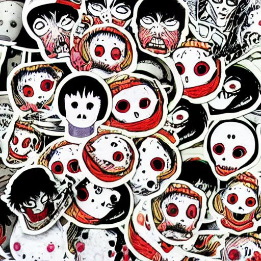 Prompt: horror manga stickers of tomii by junji ito