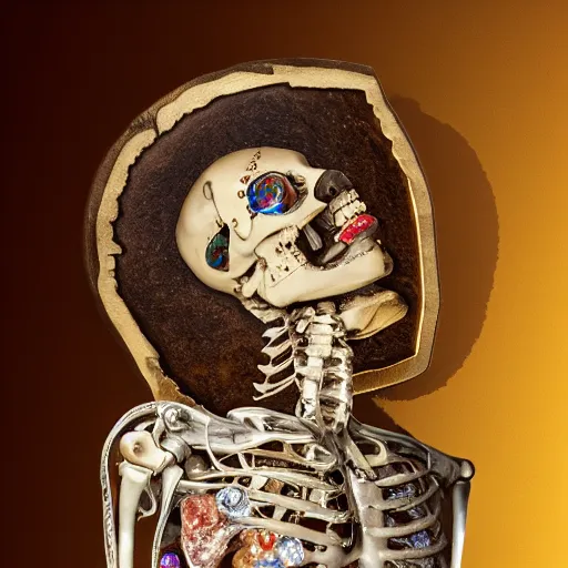 Prompt: half female half android laid down with visible gems inlaid in skin with anatomic description, antique style, skeleton, gems, cameo, gold, 8k, details, studio lighting, realism, complex lights