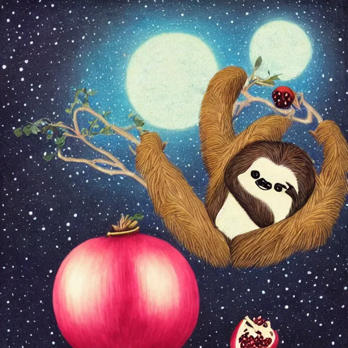 Prompt: sloth enjoying a pomegranate floating though space, starry background, surreal, dark, in the style of mark ryden