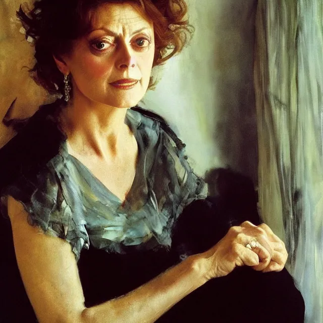 Prompt: a beautiful portrait of susan sarandon by john singer sargent, norman rockwell, and andrew wyeth, strong brushwork, natural light