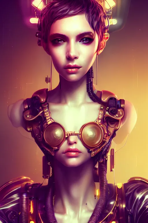 Image similar to soft lustrous seductive raver gutter punk steampunk cyborg, golden ratio, details, scifi, fantasy, cyberpunk, intricate, decadent, highly detailed, digital painting, octane render, artstation, concept art, smooth, sharp focus, illustration, art by artgerm, loish, wlop