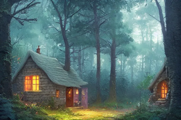 Prompt: a quaint little cottage in a clearing in a huge magical forest by andreas rocha and alena aenami, trending on artstation