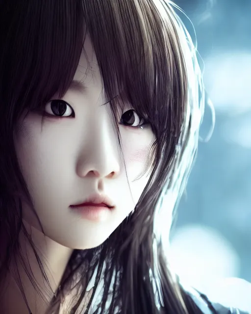 Prompt: official hd photo portrait of kpop idol girl closeup tired and angry by squareenix trending on artstation Flickr depth of field cinematic backlit smoke noir technoir detailed
