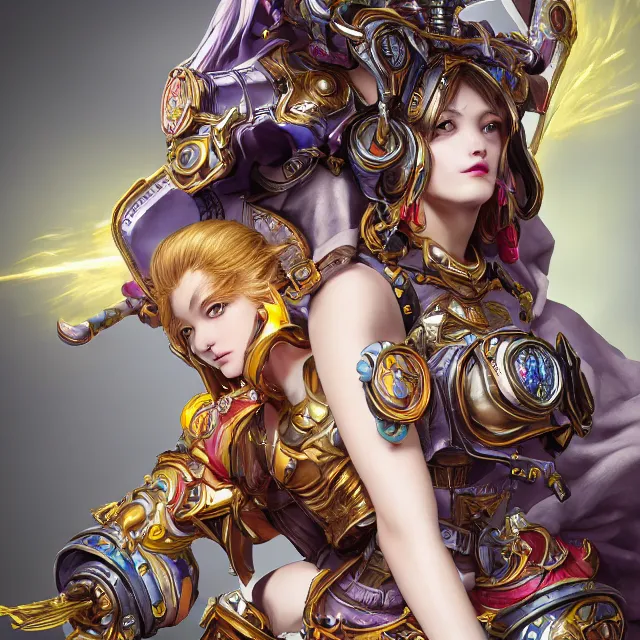 Image similar to studio portrait of lawful good colorful female holy mech paladin as absurdly beautiful, elegant, young gravure idol, ultrafine hyperrealistic detailed face illustration by kim jung gi, irakli nadar, intricate linework, sharp focus, bright colors, matte, octopath traveler, final fantasy, unreal engine highly rendered, global illumination, radiant light, intricate environment