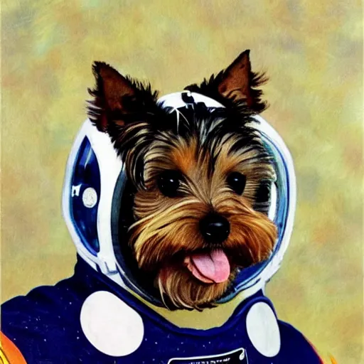 Prompt: A Yorkshire Terrier in a space suit, its face, smiling, clearly visible inside the helmet, art by Norman Rockwell, art by William Buguerau /imagine https://discord.com/channels/1002292111942635562/1005628033945837620/1006191040228753459