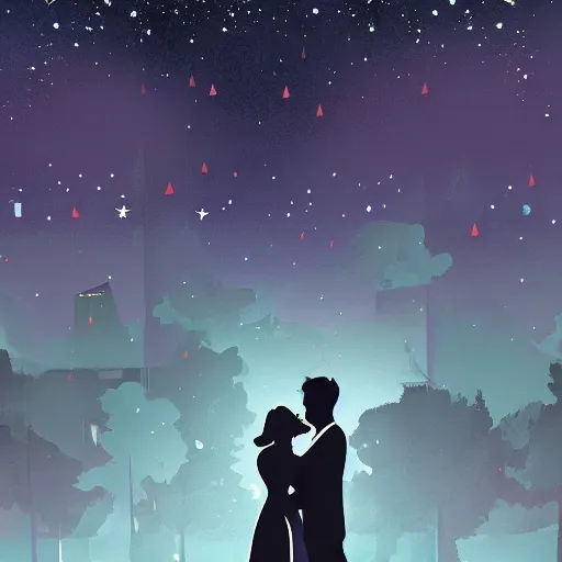 Image similar to A chubby boy and a beautiful girl slow dancing during prom night under the night sky, digital art, cinematic lighting