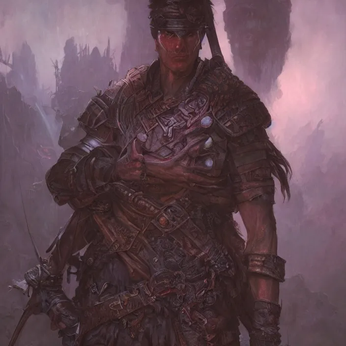 Image similar to a fantasy full - portrait painting of a male warrior in a atmospheric dark fortress, unreal 5, daz, hyperreal art by donato giancola and bayard wu and gustav moreau and wayne barlowe