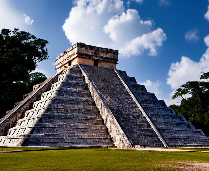 Image similar to 4 k hd, high detail photograph of chichen itza, shot with sigma f / 4. 2, 2 5 0 mm sharp lens, wide shot, volumetric lighting, high level texture render, unreal engine