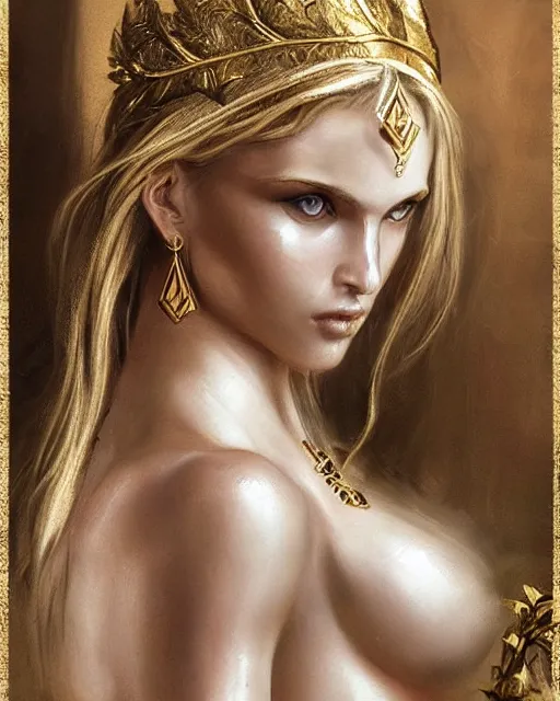 Image similar to tattoo sketch of blonde super model aphrodite greek goddess wearing a gold laurel wreath and triangle earrings, beautiful piercing gaze with sharp pupils, in the style of greg rutkowski, fantasy, amazing detail, epic, elegant, smooth, sharp focus, front view