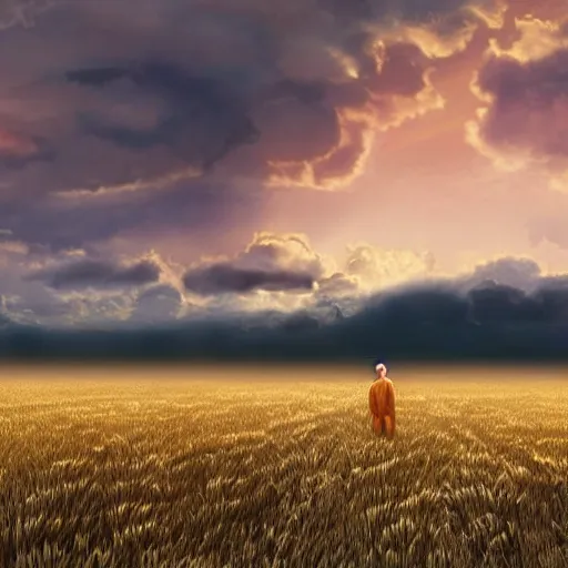 Image similar to putin in a cast and wounded standing at the edge of a large cornfield staring out in the distance at a sunset, photography, highly detailed landscape, intense fantasy atmospheric lighting, hyperrealistic, spectacular mountains, bright clouds, luminous stellar sky, solar flare unreal engine, hd