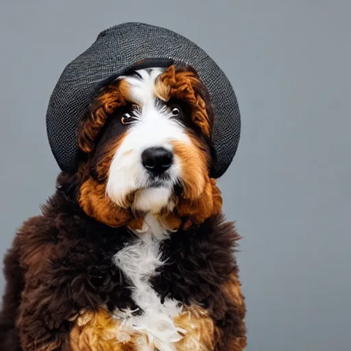 Prompt: a bernedoodle wearing a hat stylized icon trending high definition contrast