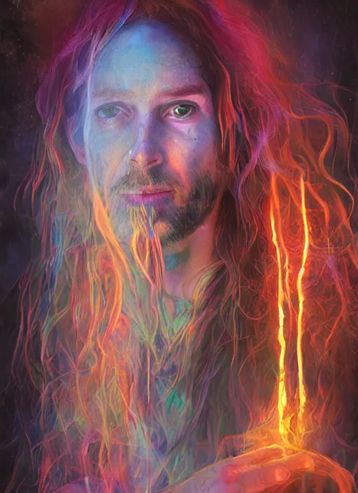 Image similar to full-length portrait of psychedelic shaman under fire light, highly detailed, sharp focused, ultra realistic digital concept art by Alyssa Monks, Charlie Bowater