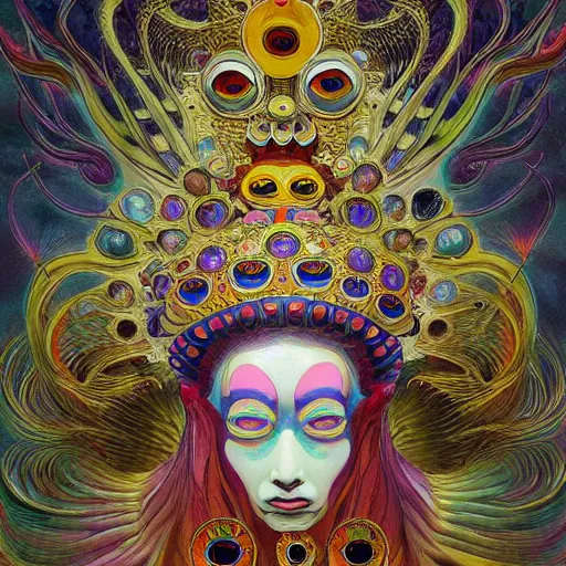 Image similar to the queen's true form by takashi murakami and zdzisław beksiński, full body, oil on canvas, intricately detailed artwork, full 8k high quality resolution, recently just found unknown masterpiece