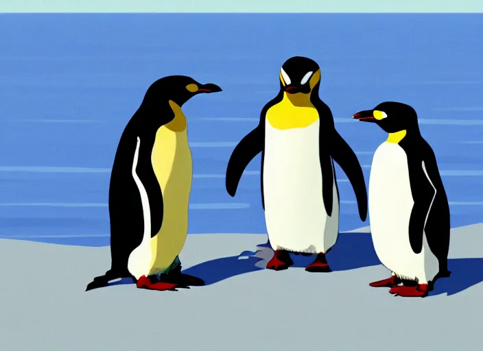 Prompt: three superhero penguins wearing sunglasses, fishing, by studio ghibli miyazaki, 4 k details, realistic, cinematic, rule of thirds, sharp focus, smooth