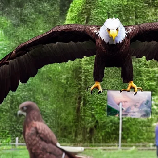 Image similar to eagle morphed with tyrannosaurus, real photo taken in zoo, realistic proportions,