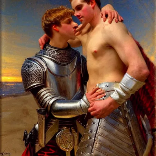 Image similar to attractive fully clothed arthur pendragon confesses his love for his attractive fully clothed male knight. highly detailed painting by gaston bussiere and j. c. leyendecker 8 k