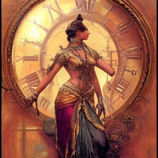 Image similar to detailed potrait of hindu traditional woman with high - tech steam punk clock face armour, girl graceful,, painting by gaston bussiere, craig mullins, j. c. leyendecker, lights, art by ernst haeckel, john william godward, hammershøi,,