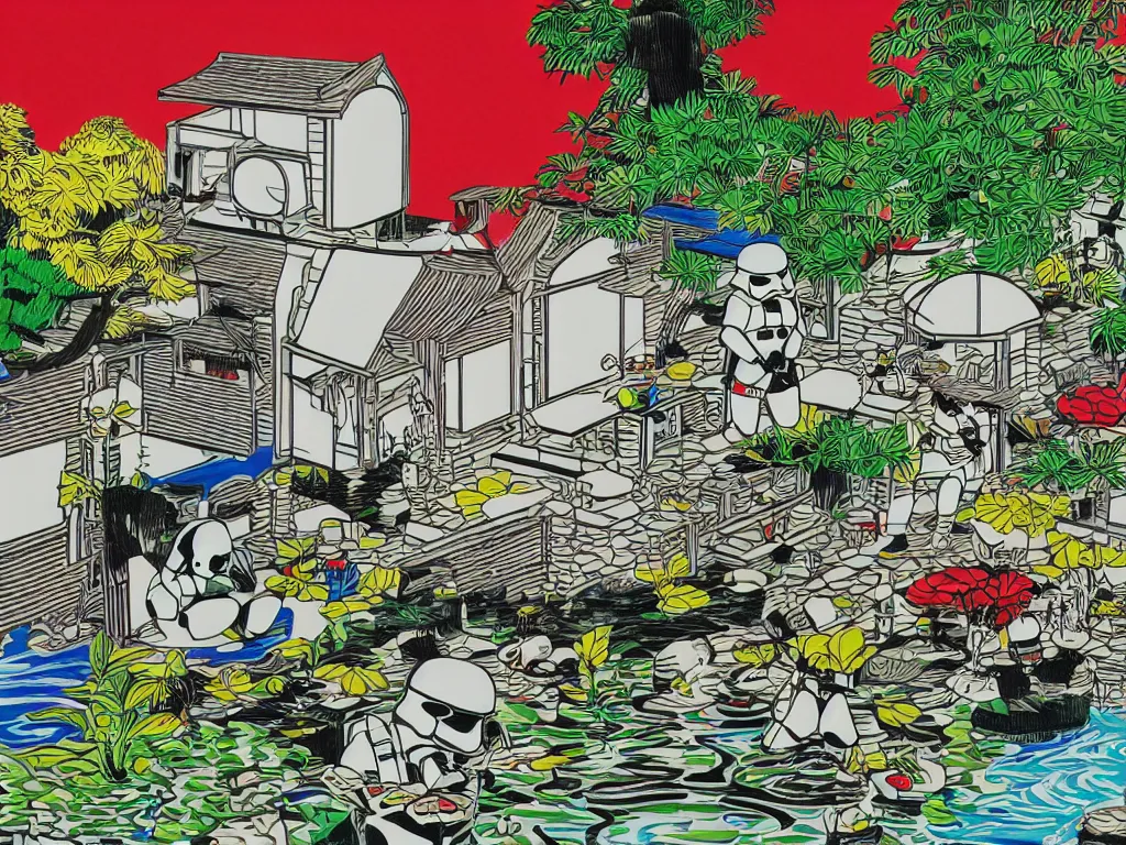 Image similar to detailed close - up image of the japanese home with a garden and a pond, 2 stormtroopers sitting around it, pop - art style, jacky tsai style, andy warhol style, roy lichtenstein style, rich palette, acrylic on canvas