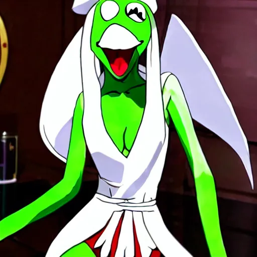 Image similar to kermit the frog as ragyo kiryuin from kill la kill, anime