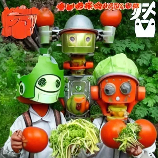 Image similar to robot made of vegetables, tomato head and a carrot sword, made in abyss style