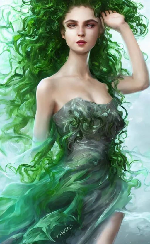 Image similar to a young woman with wild, curly hair and bright green eyes. she's wearing a flowing dress made of light, airy fabric and she has a mischievous look on her face, dynamic lighting, photorealistic fantasy concept art, trending on art station, stunning visuals, creative, cinematic, ultra detailed