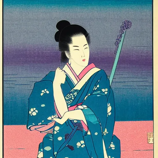 Prompt: detailed Japanese woodblock print of a geisha with pink hair sitting by a blue lake, cinematic view, vibrant colors, in the style of Hasui Kawase