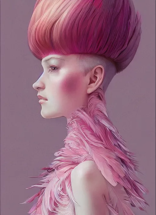 Prompt: beautiful teen girl with an eccentric pink haircut wearing an dress made of feathers, artwork made by ilya kuvshinov, inspired in donato giancola, anatomically perfect