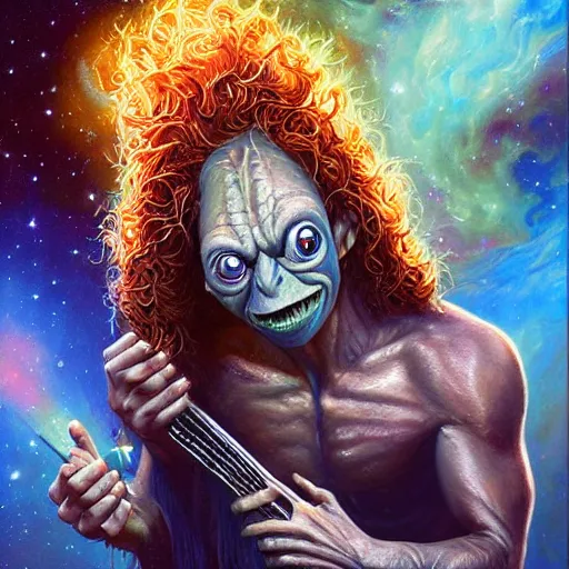 Prompt: beautiful oil painting with high detail of a Gollum with long curly hair made of stars and nebulas, holding a futuristic electric guitar and art direction by James Cameron; by artgerm; wayne reynolds art station; cinematic quality character render; low angle; ultra high quality model; production quality cinema model; Fleshless