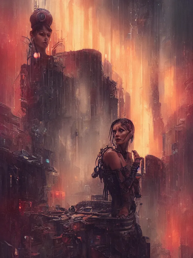 Image similar to a hyperrealistic cyberpunk portrait of a gorgeous woman in the movie Bladerunner 2046, with dead trees and orange pollution, award-winning, masterpiece, in the style of Tom Bagshaw, Cedric Peyravernay, Peter Mohrbacher