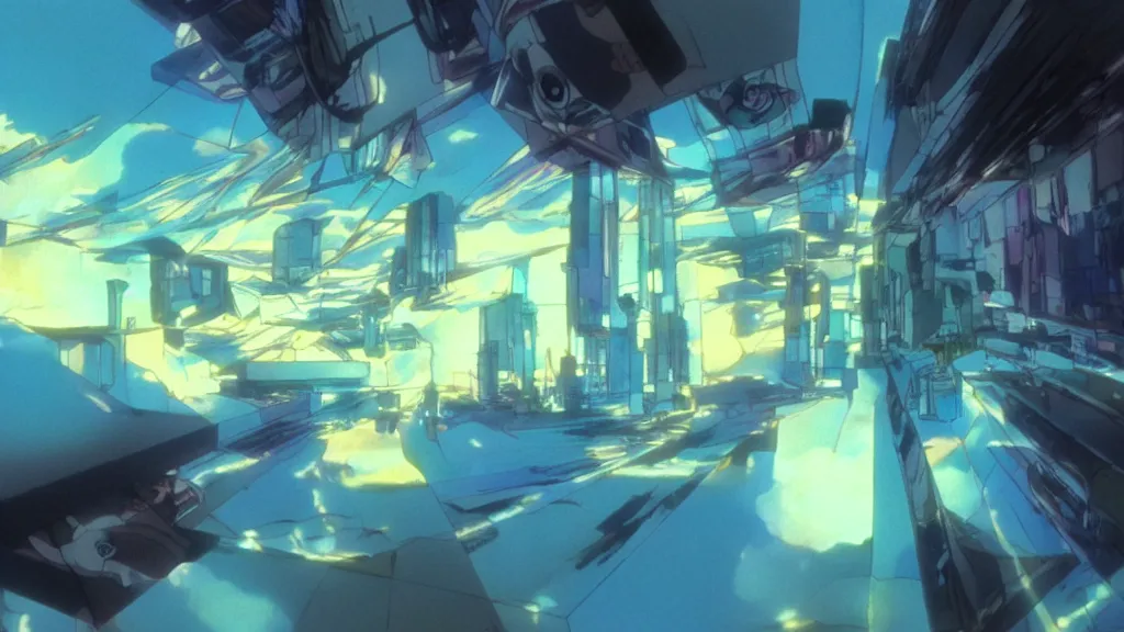 Prompt: volumetric iridescent light, anime film still from the an anime directed by katsuhiro otomo with art direction by salvador dali, wide lens