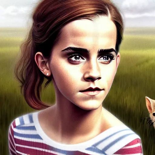 Prompt: a photorealistic detailed cinematic image of a emma watson in striped tshirt and plaid skirt thinking about her dead pet rabbit. emotional, compelling, by pinterest, david a. hardy, kinkade, lisa frank, artgerm, range murata, salvador dali, wpa, public works mural, socialist