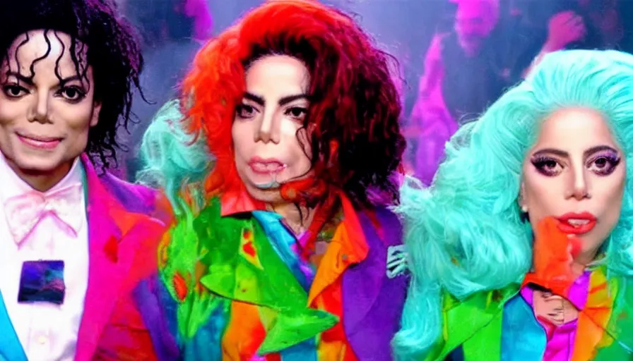 Prompt: michael jackson and lady gaga in a colorful music video from 2 0 1 3