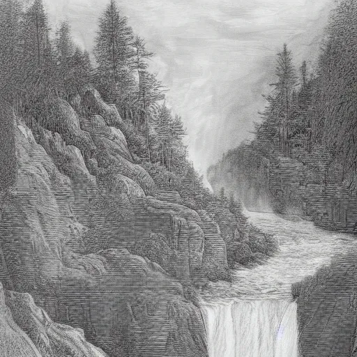 Image similar to A black and white pencil sketch of a huge waterfall flowing into a very large lake, surrounded by lots of trees and very rocky cliffs.