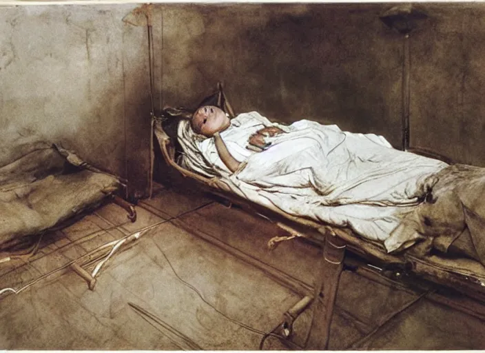 Prompt: poor child in a coma in a dirty makeshift hospital, painting by andrew wyeth and alan lee, very detailed, somber mood,