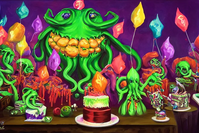 Prompt: cthulhu\'s birthday party with streamers and cake, 4k, oil painting, trending on artstation