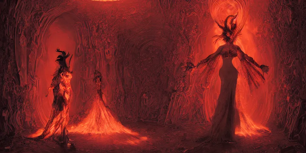 Image similar to flaming nether underworld throne room, anthropomorphic devil woman wearing a plether bubble couture red and black stretched plether day dress, paper demons, many origami flames, ethereal, fantasy, nether, Lawrence Alma-Tadema, James Jean, oozium, peter morbacher, angelarium, alchemy, luxury, heavenly light, Soft illumination, Trending on artstation, Cinematic Lighting, very detailed, 3D, octane render, artgerm