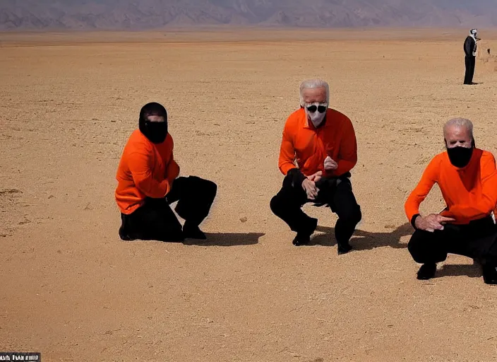 Image similar to joe biden kneeling down in the desert in an orange prison outfit, next to him are two men dressed in full black with black balaclavas, 3 5 mm photograph