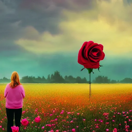 Image similar to woman with a rose flower face standing in flower field, surreal photography, sunrise, colorful clouds, artstation, simon stalenhag