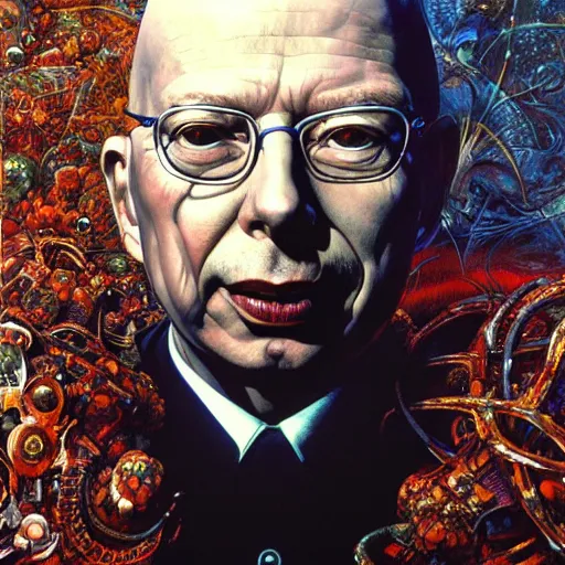 Prompt: realistic detailed image of klaus schwab by ayami kojima, amano, karol bak, greg hildebrandt, and mark brooks, neo - gothic, gothic, rich deep colors. beksinski painting, part by adrian ghenie and gerhard richter. art by takato yamamoto. masterpiece