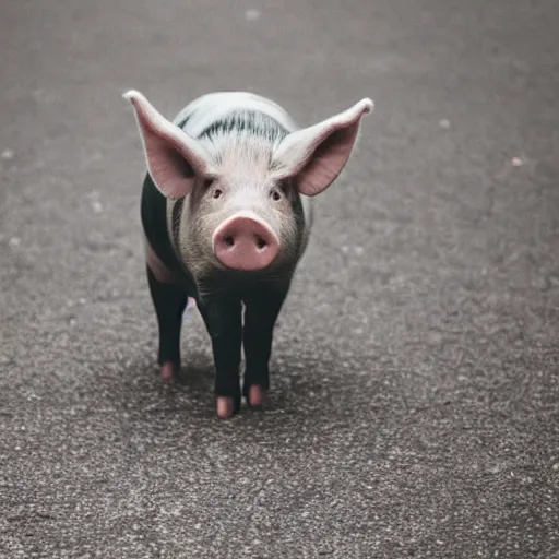 Image similar to photo of a pig standing upright wearing a pair of shoes