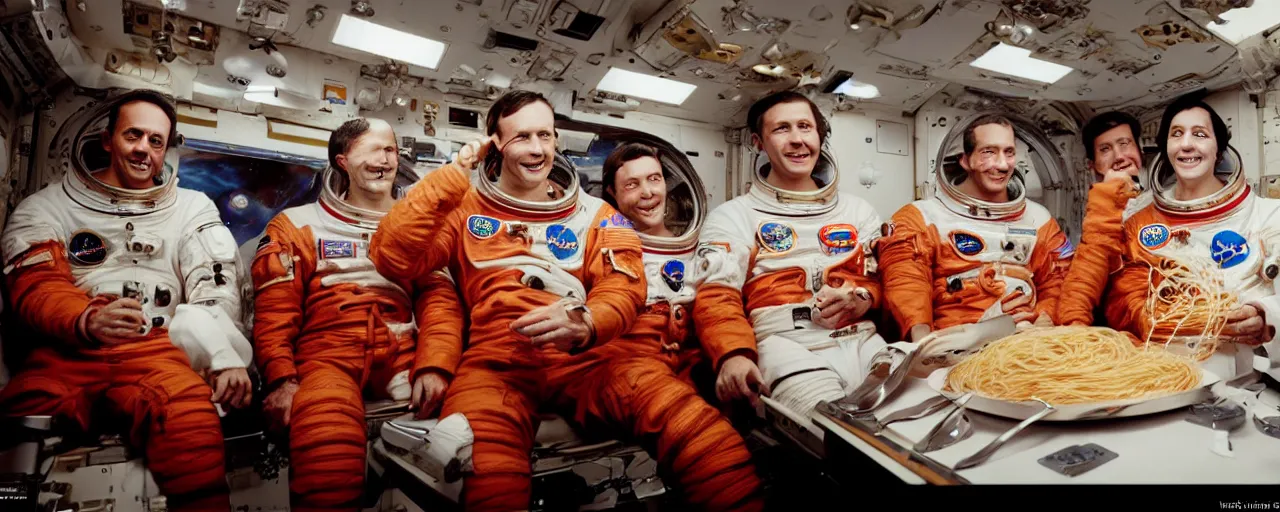 Prompt: astronauts eating spaghetti on their way to the moon, ultra - realistic faces, fine detail, anon 5 0 mm, in the style of diane arbus, in the style of wes anderson, kodachrome, retro