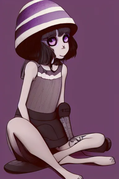 Image similar to a little girl wearing a mushroom hat in dress sitting | | purple curvy hair, pretty face, fine details, digial art by lois van baarle, anatomically correct, perfect composition, symmetrical, fantastic, clean details, anime character, extremely detailed