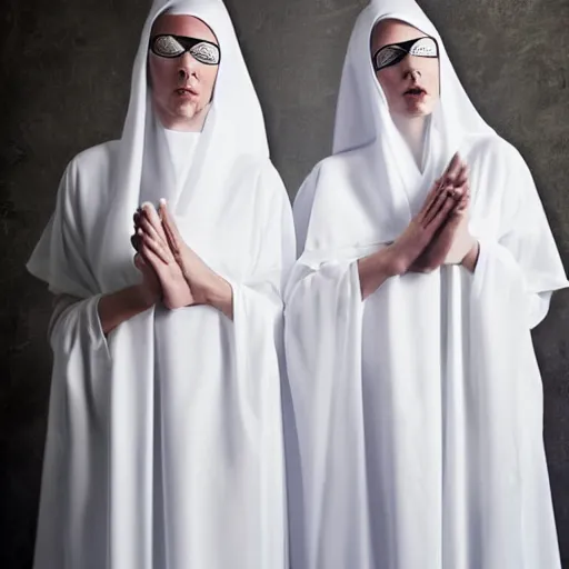 Image similar to award winning photo two Hovering twin nuns wearing hoods, buxom chested blindfolded wearing translucent veils see through dress, Very long arms, bedroom, wood door, eerie, frightening, highly detailed, photorealistic, colorized —width 1024 —height 1024