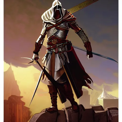Image similar to an ultra detailed vector image of solaire of astora dressed as ezio auditore, concept art by alphonse mucha and greg rutkowski, praise the blood moon, octane render, liminal space