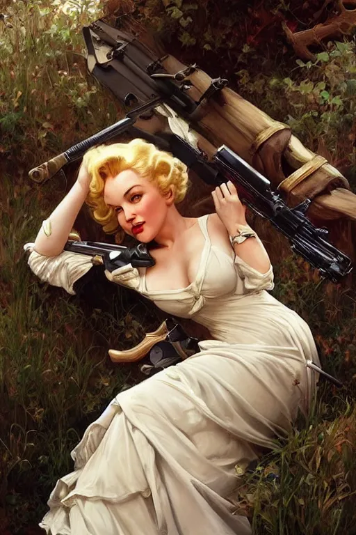 Image similar to beautiful cottagecore Marylin Monroe holding a rifle. intricate, elegant. highly detailed, digital painting, artstation, concept art, smooth, sharp, focus, illustration. . art by artgerm and greg rutkowski and alphonse mucha