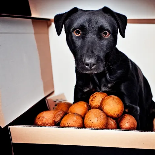 Prompt: black fat dog inside shoebox photograph 4 k