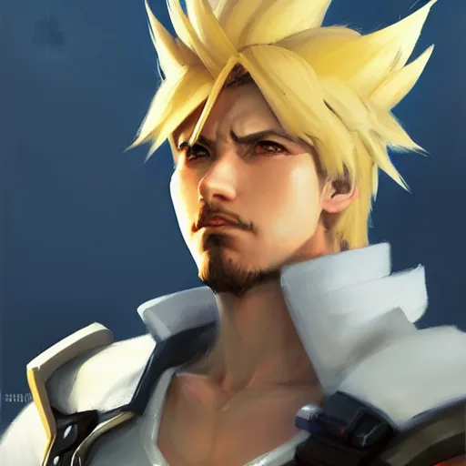 Image similar to Greg Manchess portrait painting o Cloud Strife as Overwatch character, medium shot, asymmetrical, profile picture, Organic Painting, sunny day, Matte Painting, bold shapes, hard edges, street art, trending on artstation, by Huang Guangjian and Gil Elvgren and Sachin Teng