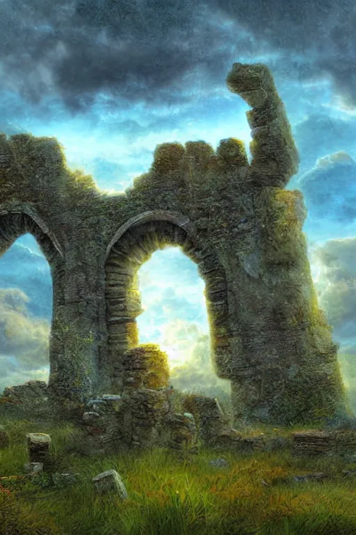 Prompt: digital painting detailed mystical ruins druid stone under a magic sky by James gurney