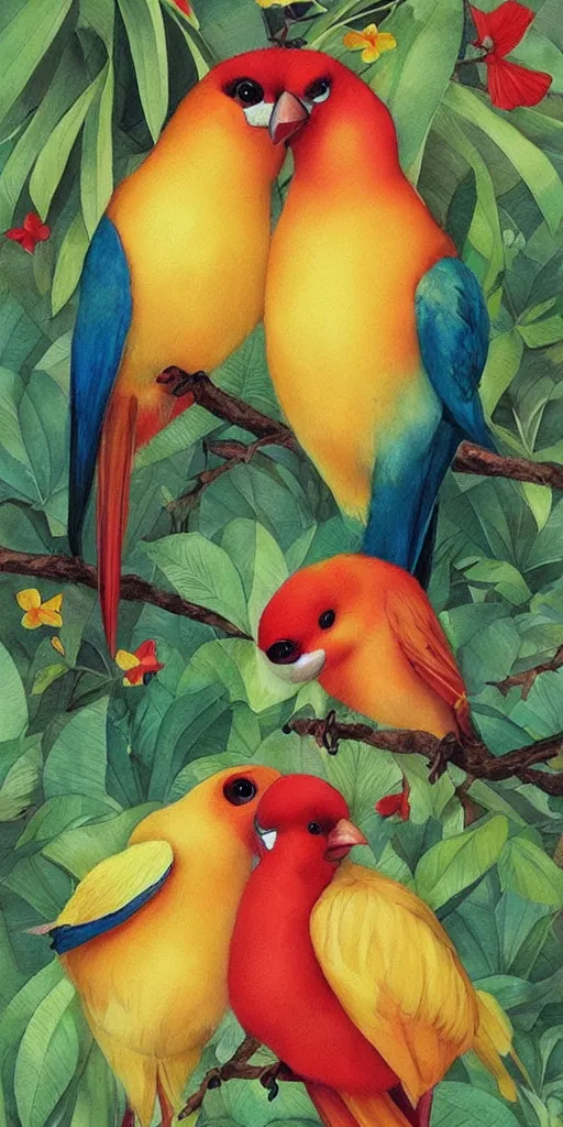 Image similar to greeting card, love, beautiful tropical bird couple, by tran nguyen, warm colors, cozy