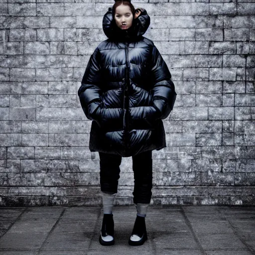 Image similar to well lit fashion shoot portrait of extremely beautiful gal godot marble statue wearing huge over size puffer jacket by dingyun zhang, yeezy, balenciaga, vetements, a cold wall, sharp focus, clear, detailed,, cinematic, detailed, off white, glamourous, symmetrical, vogue, editorial, fashion, magazine shoot, glossy